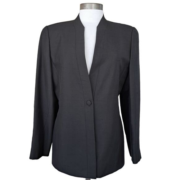 CARLISLE Black Silk Shantung Collarless Jacket Blazer Size 8 Minimalist - Picture 1 of 8